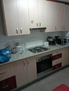 uma cozinha com armários brancos e um forno com placa de fogão em Apartamento en Monachil pueblo em Monachil