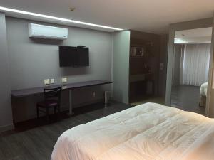 a bedroom with a bed and a desk with a television at Grand Mercure Brasília - Ap Particular 112 in Brasilia