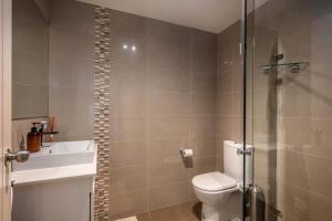 a bathroom with a shower and a toilet and a sink at Alinga in Dinner Plain