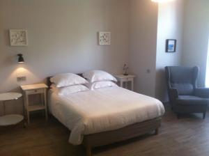 una camera da letto con un letto e una sedia blu di Vichy Résidencia a Vichy