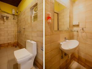 two pictures of a bathroom with a toilet and a sink at Mariners Bay Beach Resort in Arambol
