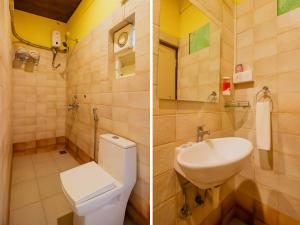 two pictures of a bathroom with a toilet and a sink at Mariners Bay Beach Resort in Arambol