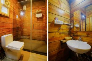 two pictures of a bathroom with a toilet and a sink at Mariners Bay Beach Resort in Arambol