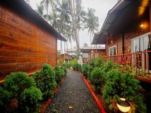 a row of christmas trees in a garden next to a house at Mariners Bay Beach Resort in Arambol