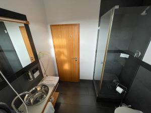 ein Bad mit einer Dusche, einem Waschbecken und einem Spiegel in der Unterkunft Fronveste das alte Knasthaus in Meiningen