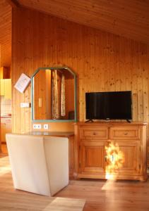 a living room with a tv on a wooden wall at Heide-Camp Colbitz in Kolbitz