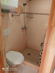 a bathroom with a toilet and a shower at Jurmala`s Center Mini House in Jūrmala
