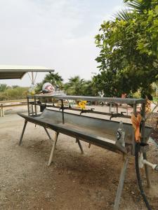 a picnic table with flowers on top of it at חאן במדבר ארץ ירוקה in Almog