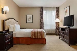 a hotel room with a bed and a flat screen tv at Ramada by Wyndham Fredericton in Fredericton
