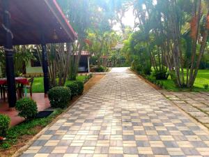 a cobblestone path in a garden with trees at Hotel TK Green Garden in Matara
