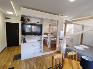 a bedroom with a bunk bed and a tv at Apartament pod Zamkiem in Nowy Sącz