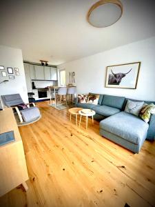 ein Wohnzimmer mit einem blauen Sofa und Holzböden in der Unterkunft Zeit für Dich am Bergelchen, Winterberg in Winterberg