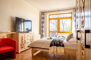 ザコパネにあるPrestige Apartamenty Krupowki 36/9のベッドルーム(ベッド1台、テレビ、窓付)