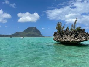 a rock in the water with a mountain in the background at Villa Aussee Mauritius in Trou aux Biches
