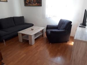 uma sala de estar com dois sofás e uma mesa de centro em Ferienwohnung Jahns Hof em Rudolstadt