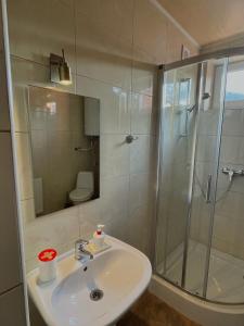 a bathroom with a sink and a glass shower at Yaremche House in Yaremche +25 photos