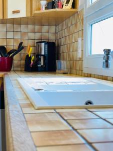a kitchen with a white sink and a window at The House of the Green Way a charming pied-à-terre for your walks in Toura in Joue-les-Tours