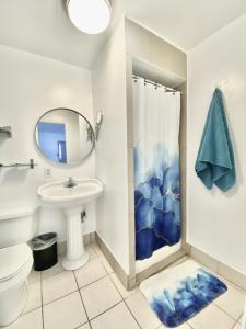 a bathroom with a sink and a toilet and a mirror at Bluebird Day Inn & Suites in South Lake Tahoe