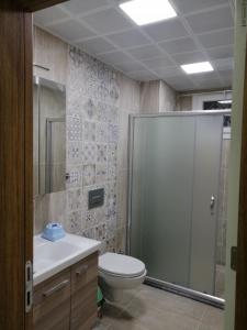 a bathroom with a toilet and a glass shower at Deniz Apart in Demre