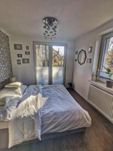 1 Schlafzimmer mit 2 Betten und 2 Fenstern in der Unterkunft Apartament W SERCU USTRONIA in Ustroń