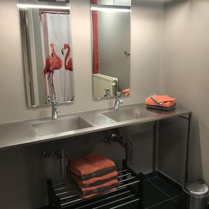 baño con lavamanos, 2 espejos y toalla en Gite Maison Alfred Soussigne, en Olloy-sur-Viroin