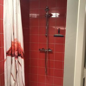 a red tiled shower with a shower curtain at Gite Maison Alfred Soussigne in Olloy-sur-Viroin
