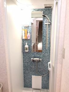 a bathroom with a shower with a sink and a mirror at Guest House モモ in Obihiro