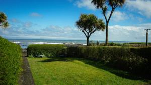 un parque con setos, palmeras y el océano en Little Oak Seafront House Donaghadee w/ Seaviews, en Donaghadee