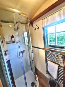 a bathroom with a shower and a window in it at Toms Hut and Robins Rest Shepherd Huts near Wadebridge in Wadebridge