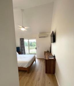 a bedroom with a bed and a desk and a window at The Albion Motel Castlemaine in Castlemaine