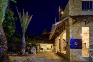 a building with a palm tree at night at Auberge de la Table in Toliara