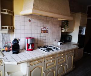 a kitchen with a stove top oven in a kitchen at Maison familiale de l Abbaye in Clairvaux