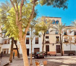 um carro estacionado em frente a um edifício com palmeiras em Precioso apartamento en Plaza de las Cañas em Córdoba