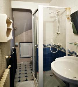 La salle de bains est pourvue d'une douche et d'un lavabo. dans l'établissement LA CHASSE ROYALE, à Plailly