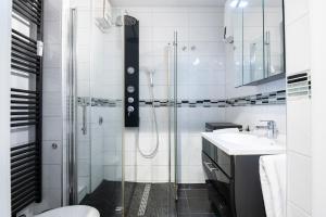 uma casa de banho com um chuveiro, um WC e um lavatório. em Haus Meeresgruß Exklusiv em Grömitz