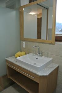 un bagno con un lavandino bianco e uno specchio di Haus Fischer Nassfeldblick a Kirchbach