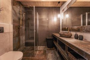 a bathroom with a sink and a shower at Skwirutowe Wzgórze - Domki - Jacuzzi - Sauna in Solina