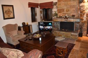 a living room with a couch and a fireplace at Trikala's Panoramic View Villa in Synikia Mesi Trikalon