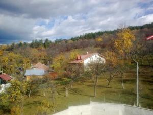 an aerial view of a house in a forest at Casa Moroeni in Moroeni