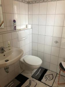 a white bathroom with a toilet and a sink at Konnis FerienHaus in Speichersdorf +12 photos