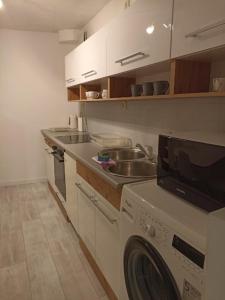 a kitchen with a sink and a washing machine at Apartament Tygrys in Zakopane