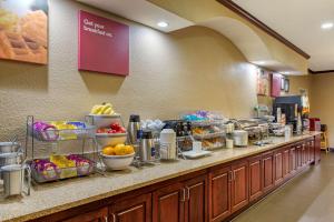 una línea de buffet en una habitación de hotel con comida en Comfort Suites Montgomery East Monticello Dr, en Montgomery