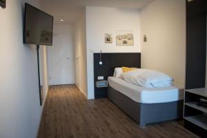 um quarto com uma cama e uma televisão de ecrã plano em Zur Krone em Neuötting