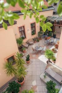 une terrasse avec des tables et des plantes en pot dans l'établissement Hotel Lucia, à Vienne