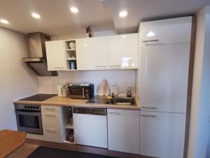 a kitchen with white cabinets and a sink and a refrigerator at Ferienwohnung und Pension Gürtler in Werdau