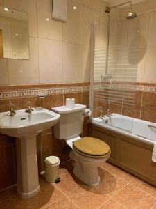 a bathroom with a toilet and a sink and a tub at La Ville Hotel in Alderney