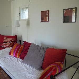 ValeillesにあるGîte l'Odonataのカラフルな枕が付いたベッド1台が備わる客室です。