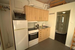 Løding的住宿－阿克提科海港酒店，厨房配有木制橱柜和白色冰箱。