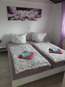 two beds with pillows on them in a room at Ferienhaus Bella in Willingen