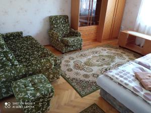 un soggiorno con un divano e una poltrona di Diófás Vendégház Mórahalom a Mórahalom